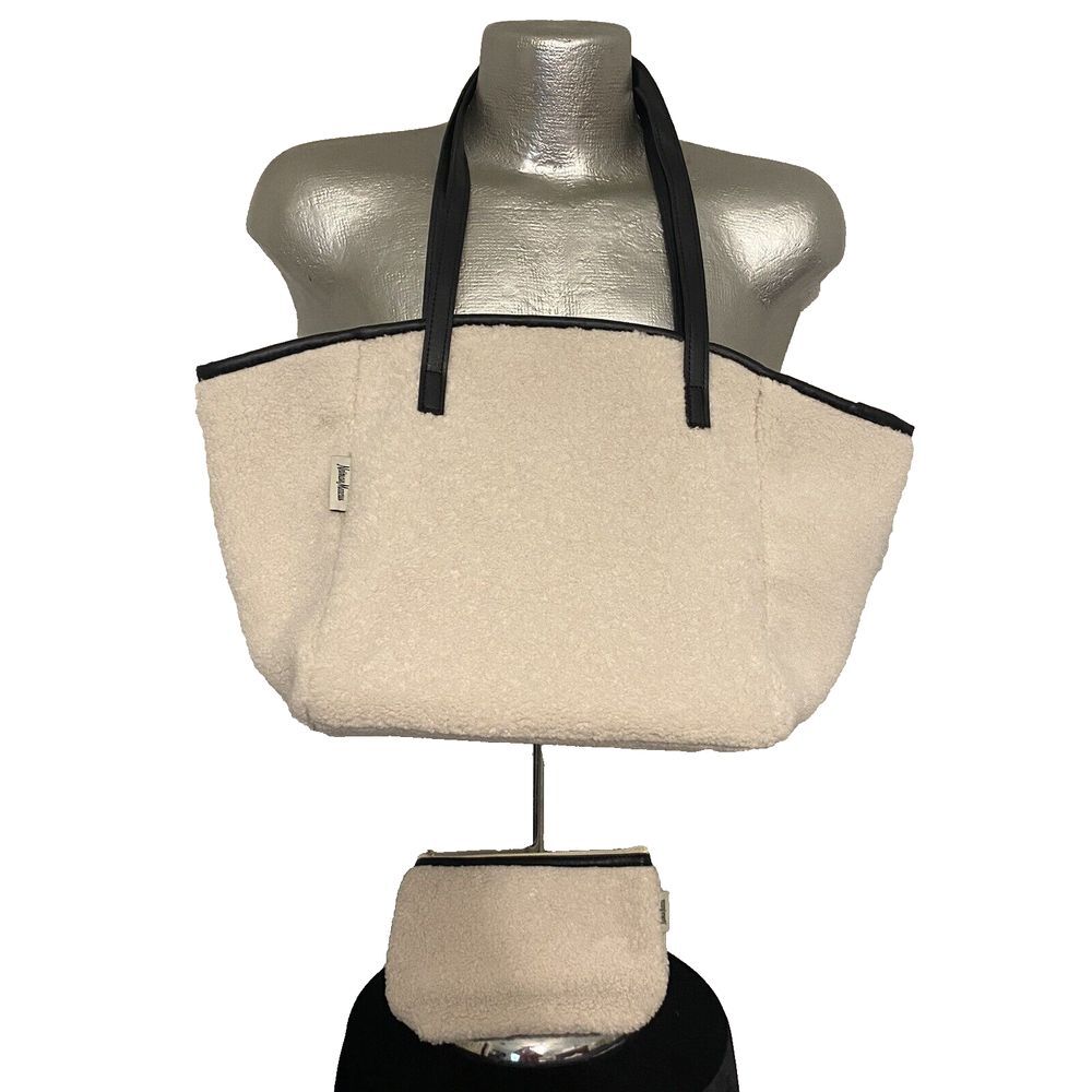 2 PC Neiman Marcus White Sherpa Shearling Tote Bag Faux Fur  New 19 x 11 x6